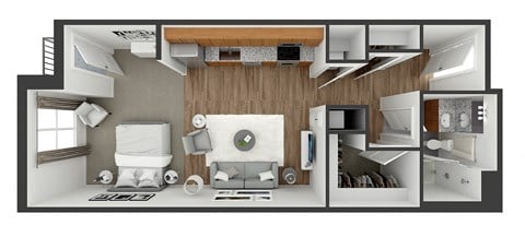 Floor plan for studio, 1 bath, 634 sqft